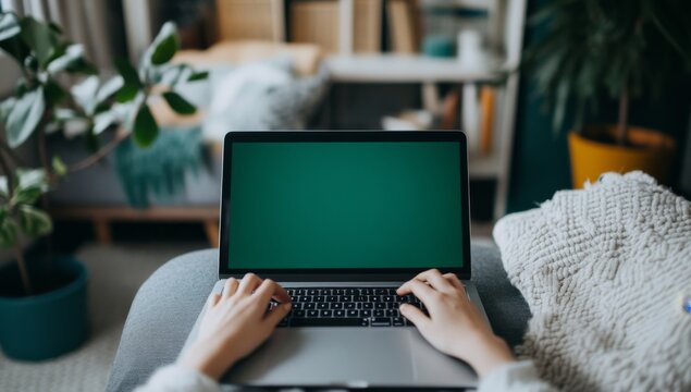 Person using laptop with green screen on sofa. - Powered by Adobe