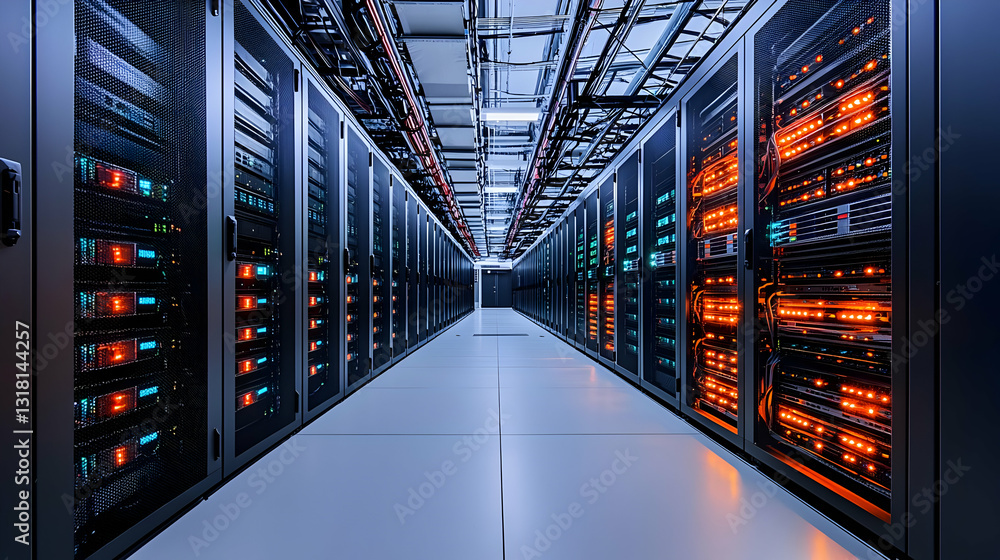 Poster data center server room with rows of racks containing equipment and illuminated panels in blue and o
