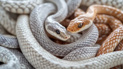 Fototapeta premium Close-Up of Two Colorful Snakes Intertwined in a Natural Setting with Detailed Scales and Expressions