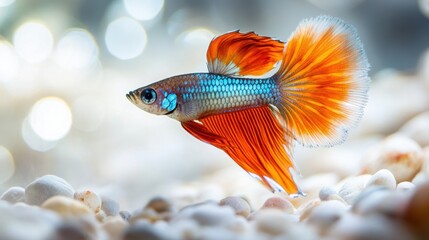 Fototapeta premium Colorful Betta Fish Swimming Elegantly Amongst Smooth Pebbles in a Captivating Underwater Environment