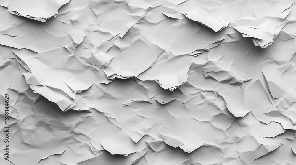 Poster textured crumpled white paper background showcasing intricate folds and shadows for design use