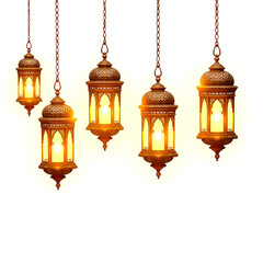 PNG, Ramadan, lanterns on chains with crescent moon and stars, isolated on white background, created with Generative AI technology.