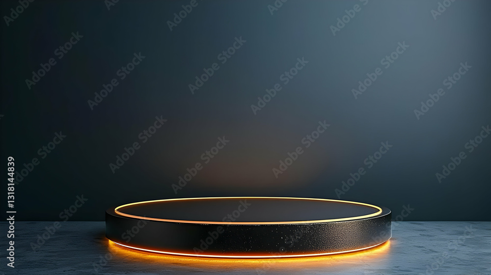 Poster dark gray concrete podium with orange illuminated base on a matching backdrop in a 3d rendered minim