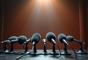 one image, empty press conference table with microphones.