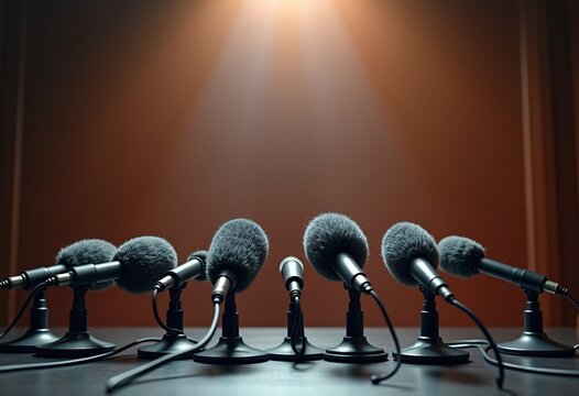 one image, empty press conference table with microphones.