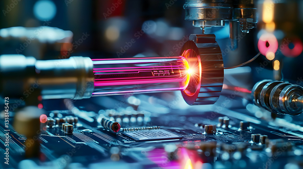Poster close-up of pink laser beam interacting with a gear on a circuit board in a futuristic setting illum