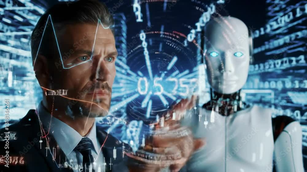 Poster a middle-aged caucasian male executive contemplates the future of technology while interacting with 