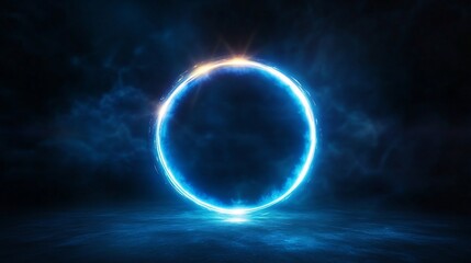 Fototapeta premium Glowing Blue Circle on Floor in Cloudscape, Symbol of Transition and Portal