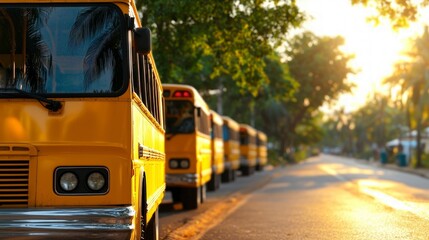 Golden Hour School Buses Lined Up on Sunny Street