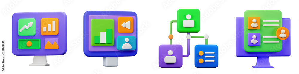 Aufkleber colorful 3d illustrations of computer screens with data charts, networks, and user interaction conce