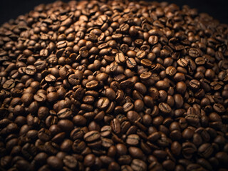 Fototapeta premium A steaming cup of coffee surrounded by scattered coffee beans.
