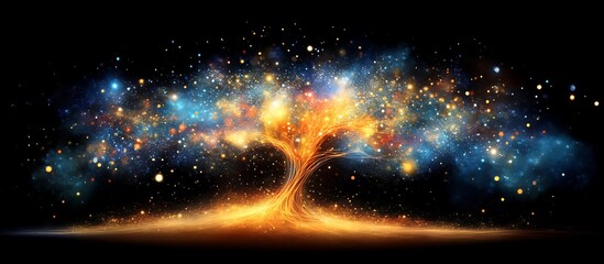 Obraz premium Mystical Tree with Glowing Lights and Cosmic Energy on Black Background