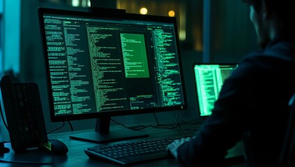 Hacker coding at night on multiple monitors.