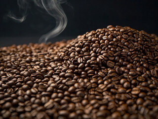 A steaming cup of coffee surrounded by scattered coffee beans.
