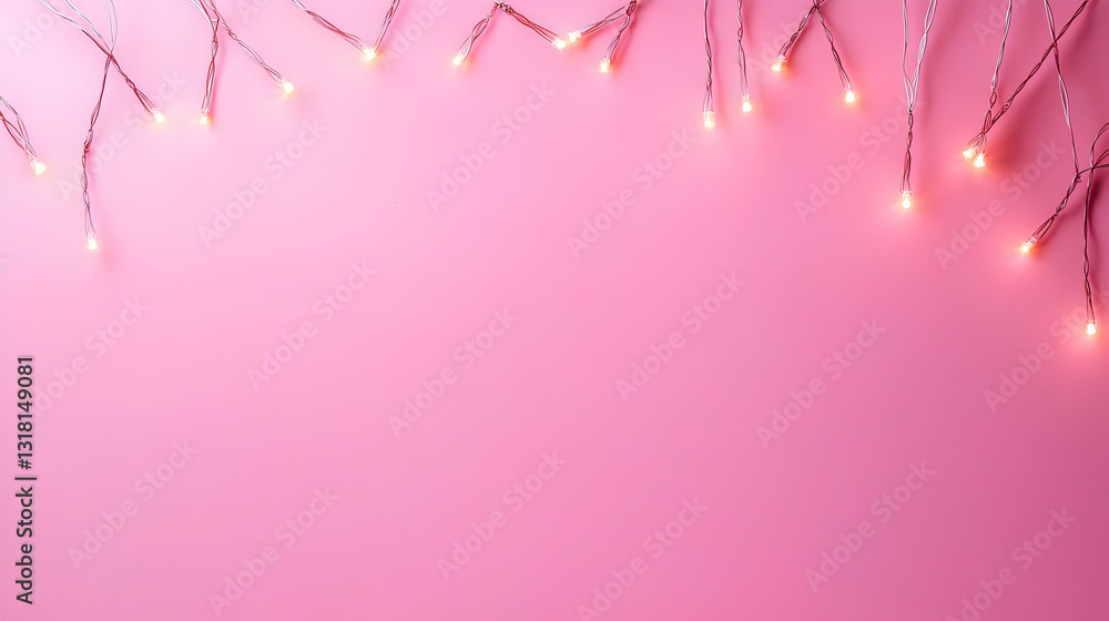 Poster glowing string lights frame on pink background for festive celebration design with copy space for te