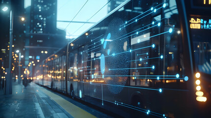 Modern Electric Bus With Futuristic Digital Data Network Display In A Busy City Night With Bright Lights Reflecting On Wet Street
