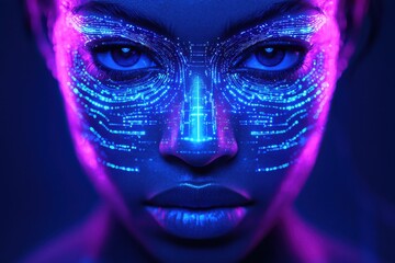 Close-up of a face illuminated with glowing blue digital lines and dots
