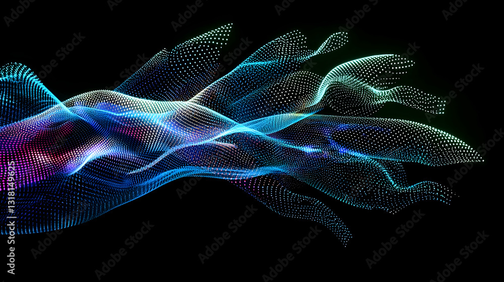 Poster abstract digital wave of colorful particles on black background representing modern technology and f