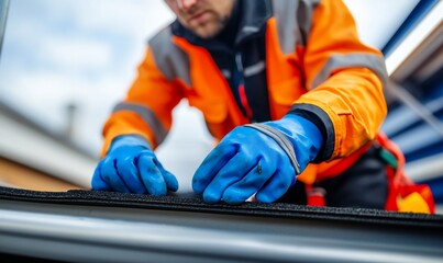 Roofer lays shingles on house roof, blue sky background. Skilled trade