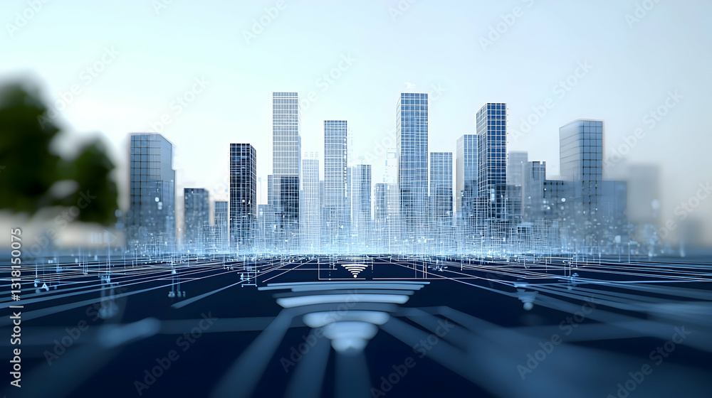 Poster futuristic smart city with illuminated buildings and digital network connections in abstract perspec
