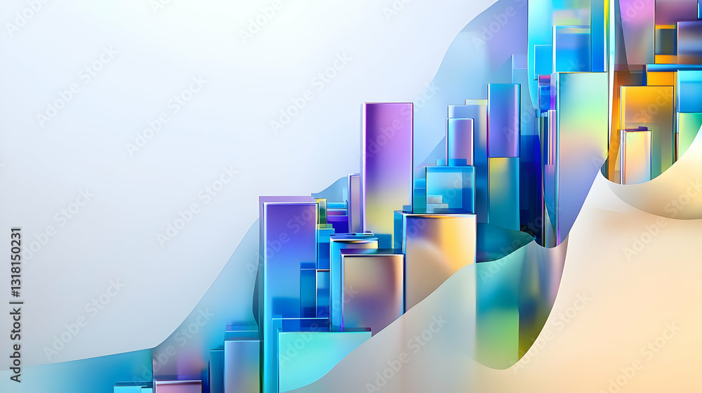 Poster abstract 3d geometric shapes with iridescent pastel colors on a gradient background with dynamic lig