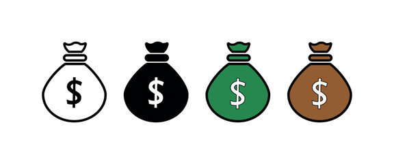 Money Bag Icon Set. Dollar Sack, Cash Bag, Wealth Symbol, Finance, Banking, Currency, Savings, Investment, Economy, Business, Financial Growth