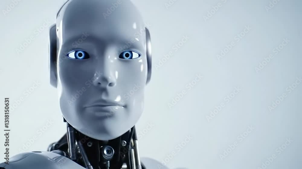 Poster a close-up view of a realistic humanoid robot with blue eyes, showcasing advanced robotics technolog