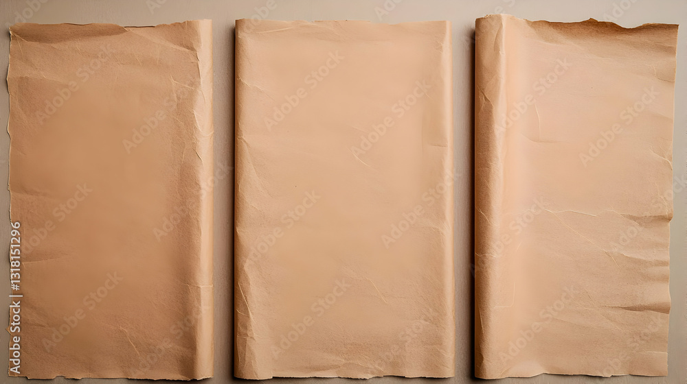 Poster three sheets of folded brown kraft paper displayed on a flat surface with wrinkled texture illuminat