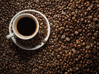 Fototapeta premium A steaming cup of coffee surrounded by scattered coffee beans.