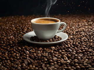 Fototapeta premium A steaming cup of coffee surrounded by scattered coffee beans.
