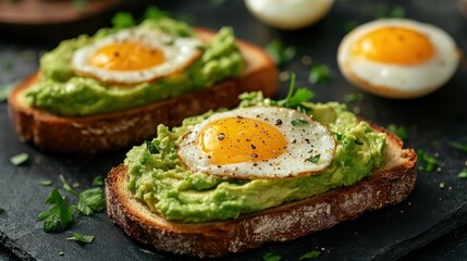 Homemade Avocado Toast with Boiled Egg on Dark Background