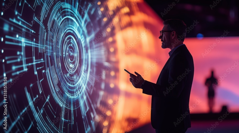Poster engaged executive interacting with advanced interface projection technology