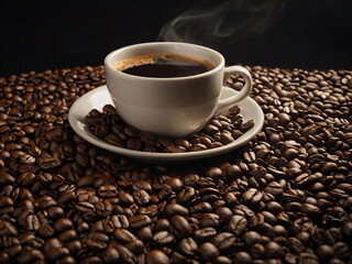 Fototapeta premium A steaming cup of coffee surrounded by scattered coffee beans.