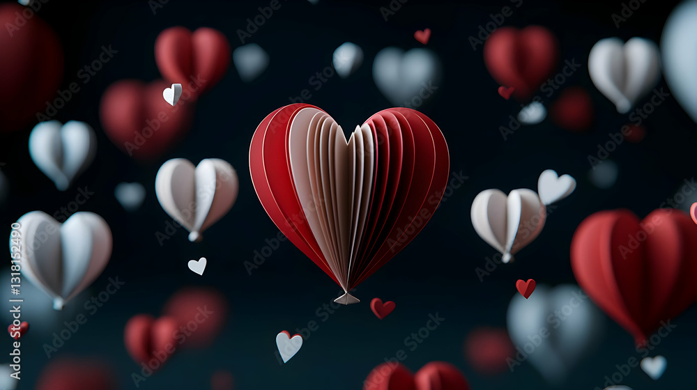 Poster 3d render of red and white pixelated heart shaped balloons floating on a dark background for valenti