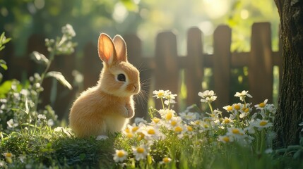 Whimsical Cottage Garden with Fluffy Easter Bunny in Natural Setting