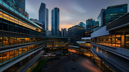 Fototapeta premium Modern Cityscape At Twilight Illuminated Buildings And Reflective Surfaces Against A Colorful Sky