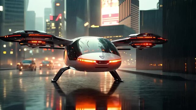 Modern eVTOL aircraft hovering in a bustling urban environment during rainy nighttime, Modern evtol in the city
