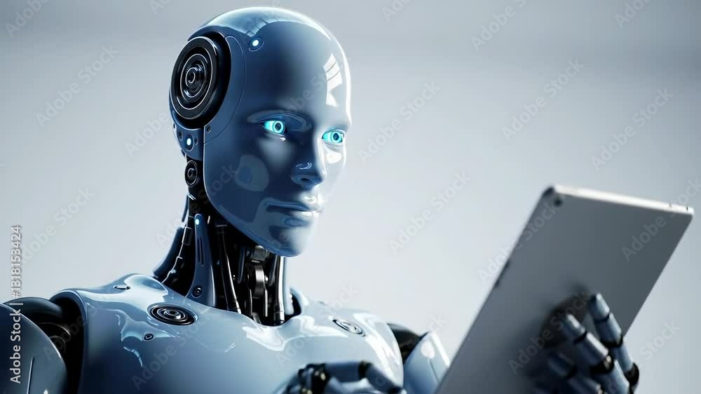 Poster a futuristic male android with blue eyes engaged in learning via a tablet device in a minimalistic e
