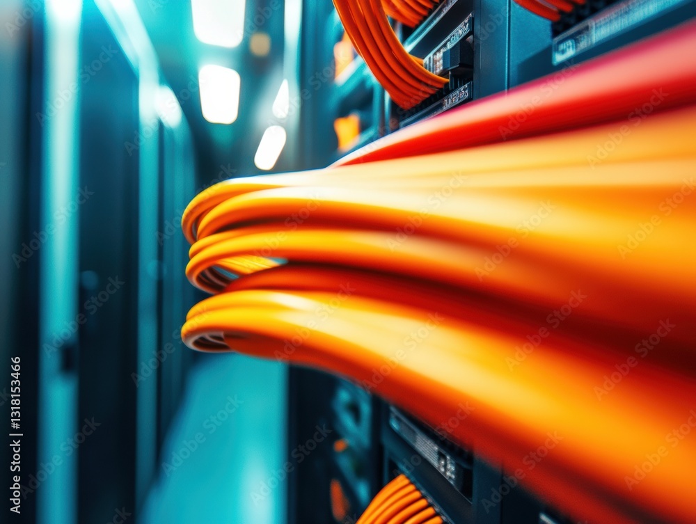 Poster Hyper-Connected Infrastructure Vibrant Orange Network Cables Illuminating Next-Gen Data Center Ecosystem - High-Performance Digital Transformation Visualized