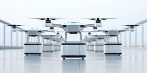 A sleek, futuristic image of an autonomous delivery system using aerial drones against a minimalist digital backdrop