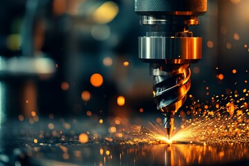 Modern CNC Machine Tool Cutting Metal with Sparks Flying Upwards