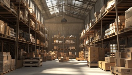 Sunlit warehouse interior with stacked boxes and shelves.
