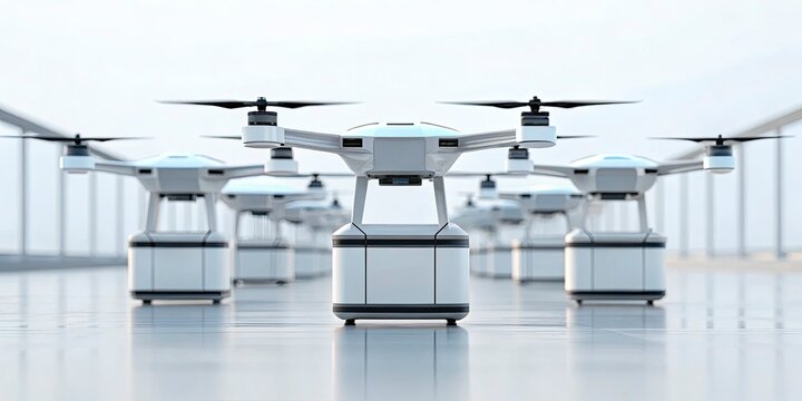 A sleek, futuristic image of an autonomous delivery system using aerial drones against a minimalist digital backdrop