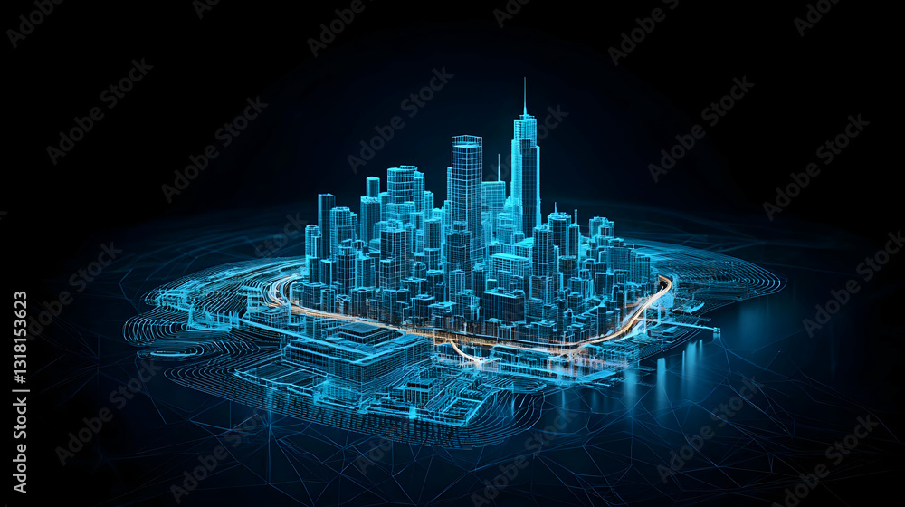 Poster futuristic illuminated cityscape on digital circuit board displaying urban architecture with blue an