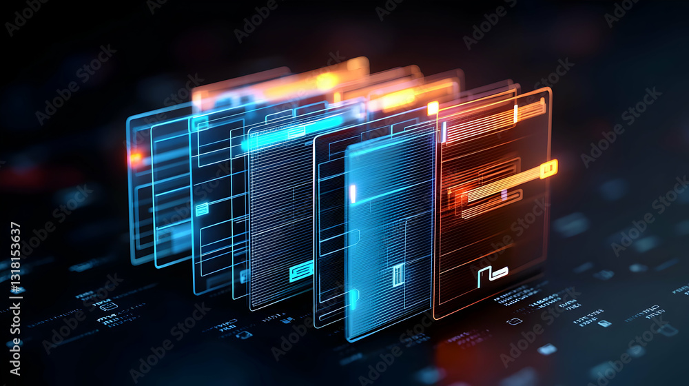 Poster digital abstract visualization of futuristic interface with blue and orange glowing elements on dark