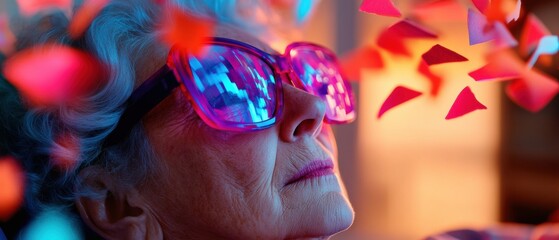 Neurotech Wellness Revolution Senior Exploring Immersive Mixed Reality Experiences through Advanced AR Visualization - Cognitive Enhancement for Aging Innovators