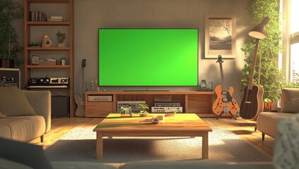 Green screen TV in a stylish living room.