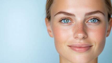 Obraz premium Portrait of a young woman with blue eyes, freckles, and glowing skin smiling softly against a light blue background, natural beauty and healthy skincare concept