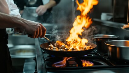 Chef flamb?ing mushrooms in a hot pan.