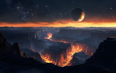 26. A hidden exoplanet with deep, glowing canyons cutting across its surface under a dark sky filled with distant stars